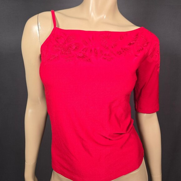 Vintage 90s Y2K Red One Shoulder Top Floral Design Size M Stretch Short Sleeve - Picture 2 of 9